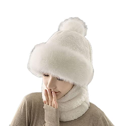 Damen Winter Beanie Mützen Einteilige Fleece Sturmhaube Mützen Schal Maske Set Warm Kapuze Halstuch Ski Schnee Mütze mit Pom Pom, beige, Einheitsgröße Cover