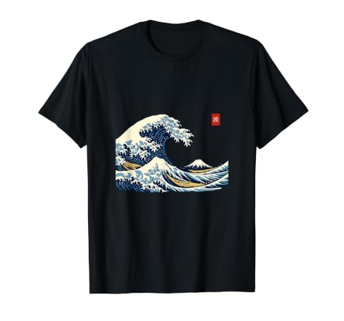 Great Wave Japanese Ukiyo-e Woodblock Art Mount Fuji T-Shirt Graphique avec Valeur, Homme, Noir, M