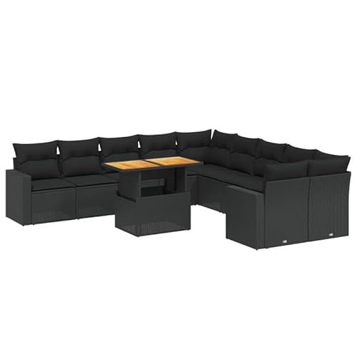 Eleganz 11-TLG. Garten-Sofa Garnitur Schwarz PE-Rattan mit Kissen, Pulverbeschichteter Stahl, Langlebig & Wetterfest, Perfekt für Terrasse & Garten