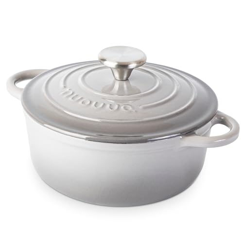 Casseruola in Ghisa Smaltata, Pentola Olandese Antiaderente con Coperchio, Induzione/Gas/Forno, Cottura Omogenea – 2.1 Liter 20cm Grigio – da Nuovva