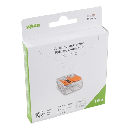 Image of WAGO 221-412 | Easy-to-Use electrical Wire Connectors | Pack of 16 | Compact, Tool-Free, Transparent - For Home, DIY & Electrical Projects - 2-Conductor