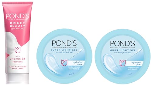 Image of POND'S Super Light Gel Oil Free Face Moisturizer 100g & POND'S Super Light Gel Oil Free Face Moisturizer 49g, With Hyaluronic Acid & Ponds Bright Beauty Spotless Glow Facewash with Vitamin B3 100g