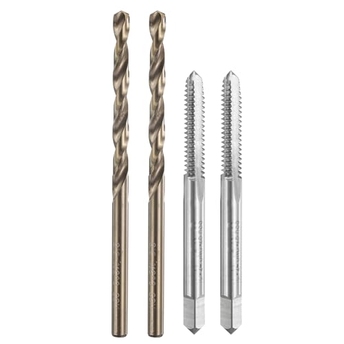 sourcing map Tap and Drill Bit Set, 2pcs 10-24 UNC Straight Flute Thread Screw Taps & 2pcs 3.8mm Twist Drill Bits, Uncoated/Roasted Yellow HSS-6542/M35 HSS-CO Tapping Threading Tool Kit