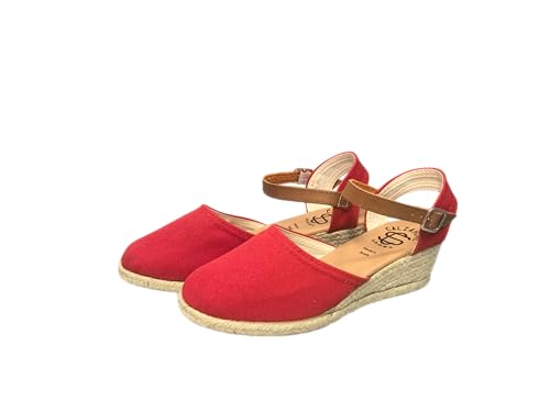 COZSERIES - Sandalias Mujer Alpargatas Cuña Yute Punta Cerrada y Cierre de Hebilla Calzado Cómodo y Versátil Moda Casual (38,Rojo)
