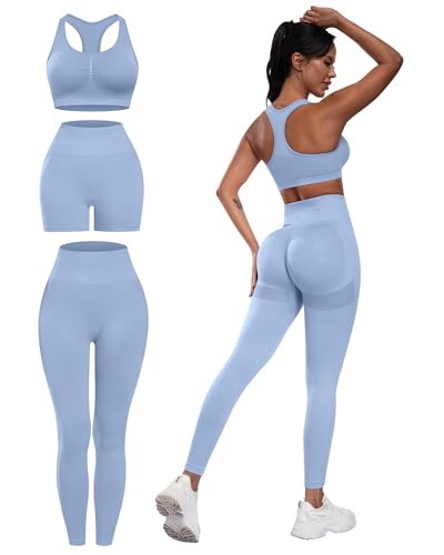 SALSPOR 3 Piece Workout Sets for Women Butt Lifting Leggings with High Impact Sports Bra Gym Shorts(3DWX-Light Blue-M)