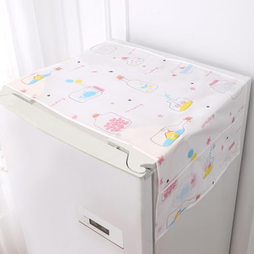 Image of HOKIPO Small Fridge Cover Top | For Smaller Single Door and Double Door Refrigerator - Waterproof, Printed with 6 Side Pockets, Size Small 130x55 cm, Whimsical Bottles (AR-5875-D3)