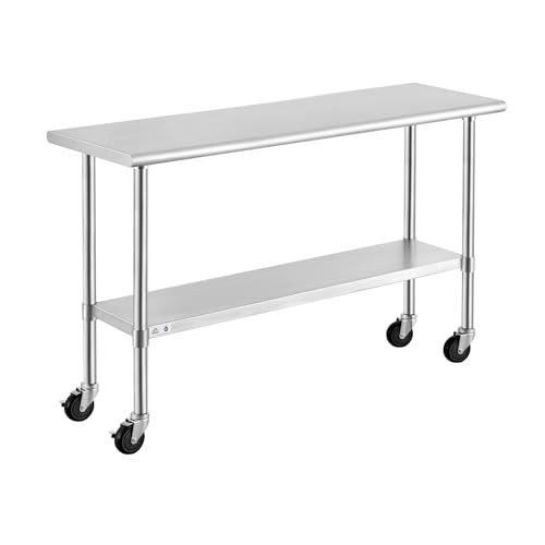 Image of ROCKPOINT Stainless Steel Table for Prep & Work with Caster Wheels 18x60 Inches, NSF Metal Commercial Kitchen Heavy Duty Table with Adjustable Under Shelf and Table Foot for Restaurant, Home and Hotel