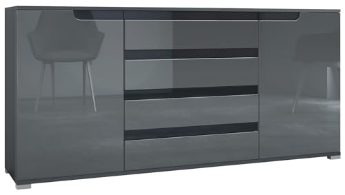 Vladon Buffet Dressoir Sylt V2, Corps en Noir Mat/Façades en Gris Haute Brillance avec Un Decor en...