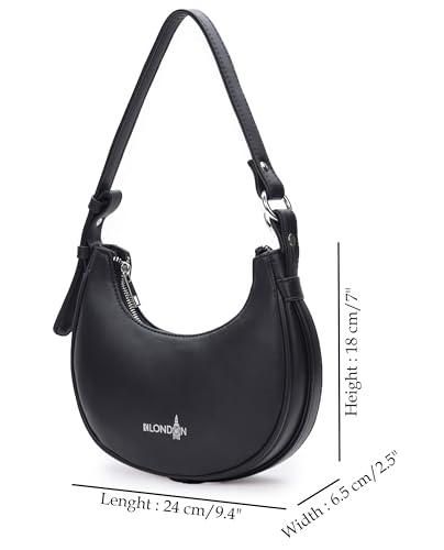 Image of K London Women's Vegan Leather Half Moon Bag | Stylish Black Shoulder Hobo | Compact Baguette Purse for Office, Casual, Party & Travel Use