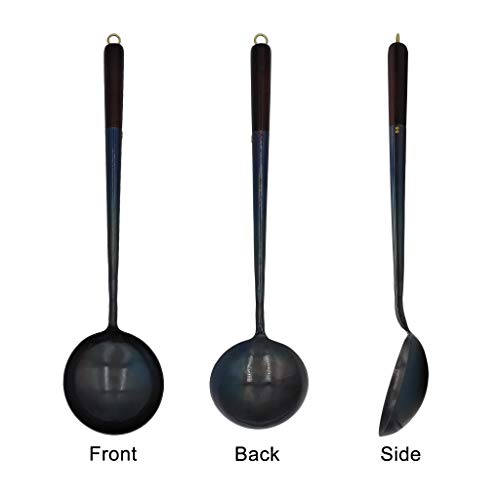 Traditional Hand Forged Wok Ladle, Chinese Egg Dumpling Fry Ladle Iron Spoon for Stir-Fry with Wooden Handle, 16 Inch Long (Length:16'', Ladle)