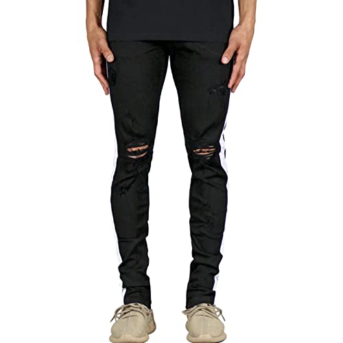 Maiyifu-GJ Men's Side Striped Slim Fit Jeans Destroyed Ripped Skinny Denim Pencil Pants Ripped Hip Hop Ankle Zipper Jean (Black,31)