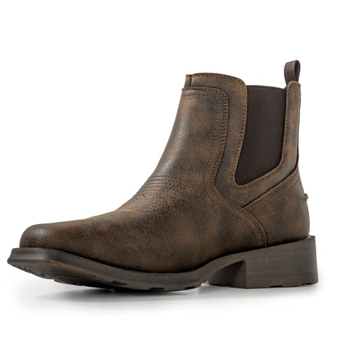 WINBIRD Cowboy Boots for Men Square Toe Western Chelsea Boots Slip on Ankle Boots Casual Mens Dress Shoes L001-DBR-PU-10.5