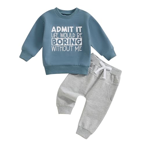 Image of wdehow Toddler Baby Boy 2Pcs Outfits Letters Print Pullover Tops + Drawstring Pants Set Fall Winter Clothes