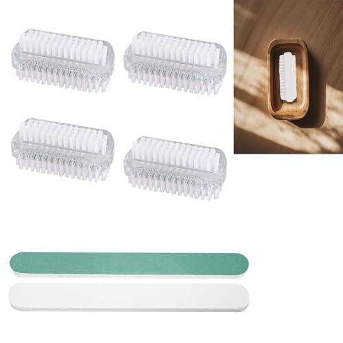 Cepillo de mano de doble cara con cerdas duras, cepillo de lavado de manos, cepillo de uñas con 5 limas de uñas para limpieza de manos para lavar a mano, baño, lavabo con 1 barra de lijado (4