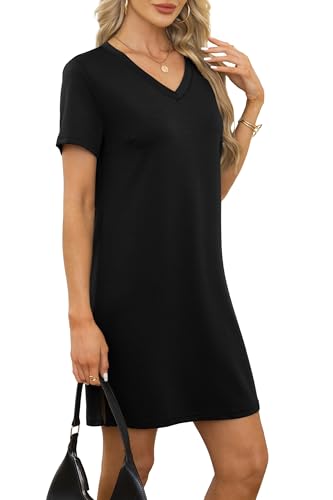 RUMIA Casual Dresses for Women T-Shirt Summer Dress Mini Vacation Spring Dress V-Neck A Line Beach Sundress Black Medium - Thumbnail 4