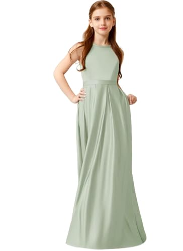 TIANMEI Satin Junior Bridesmaid Dresses Halter Neck Flower Girl Dresses for Wedding
