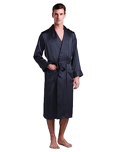 LilySilk 100% Silk Robe for Men Long Sleeve Lapel Collar 22 Momme Silk Kimono Bathrobe Male Sleepwear Soft