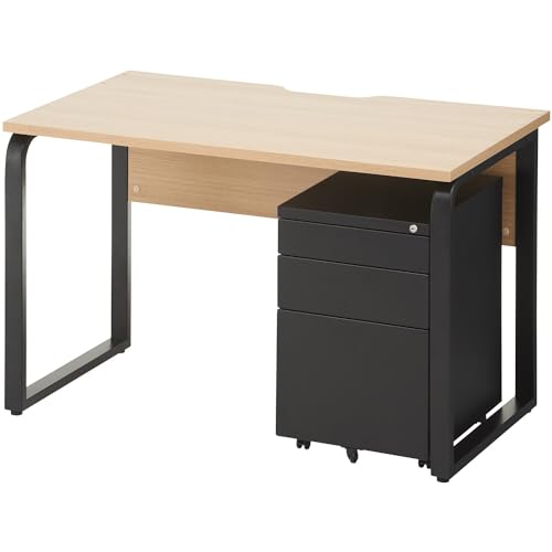 オフィスコム 法人様向け メティオ システムデスク 幅1200mm + ワゴン 3段 幅400mm セット ナチュラル×ブラック HBDK-DKW1270-NA