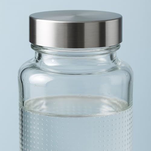 Image of 750ml Glass Water Bottles with Silver Lids (Pack of 2) - Modern Textured Design - Airtight Stainless Steel Cap - Premium Reusable Fridge Storage Containers for Juice, Milk, Smoothies & Water
