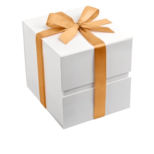 Image of LIFELUM Square Gift Box with Magnetic Lid, Card, Sticker, Ribbon, Shredded Paper Filler for Business, Wedding, Birthdays (White, square - 7 inch, 1 count (Pack of 1))