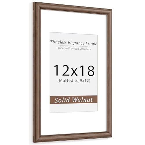 Natural Walnut 12x18 Picture Frames Mat to 9x12 Picture Display,Original Wood Handcrafted Certificate Frame,Wooden Frame 12x18 with Tempered Glass Graduation Family Wedding Photo Wall Mounted
