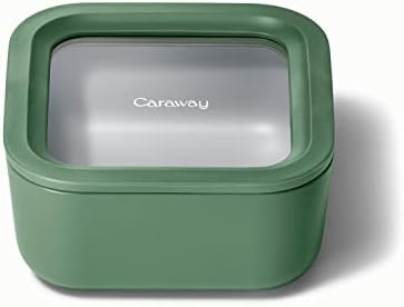Caraway Glass Food Storage, 10 Cup Glass Container – Ceramic Coated Food Container – Easy to Store, Non Toxic, Non Stick Lunch Box Container with Glass Lids. Dishwasher, Oven, & Microwave Safe – Sage