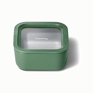 Caraway Glass Food Storage, 10 Cup Glass Container – Ceramic Coated Food Container – Easy to Store, Non Toxic, Non Stick Lunch Box Container with Glass Lids. Dishwasher, Oven, & Microwave Safe – Sage