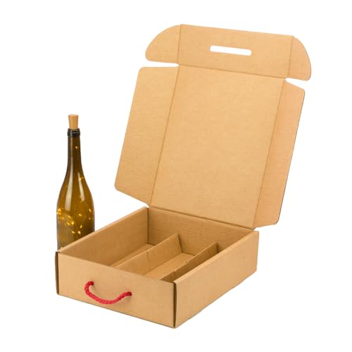 Estuche para 3 botellas de cava vino kraft 'Christmas Animals' | Pack 4 unidades | Caja de cartón con asa roja y separador interno
