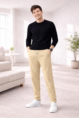 Image of Men's Comfortable Corduroy Pants | Relaxed Fit Stretch Waist Trousers for Everyday Wear Cream