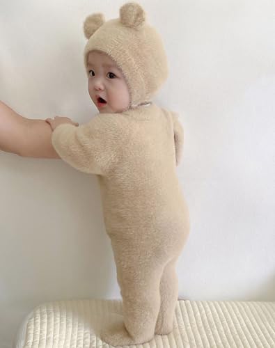 Newborn Infant Baby Girls Boys Jumpsuit Fleece Rompers Long Sleeve Footie Jumpsuit Hat Outwear Winter Warm3