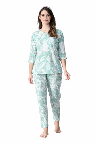 Ichaa Women Rayon Printed Night Wear Top and Bottom Night Suit Set, Green, Small
