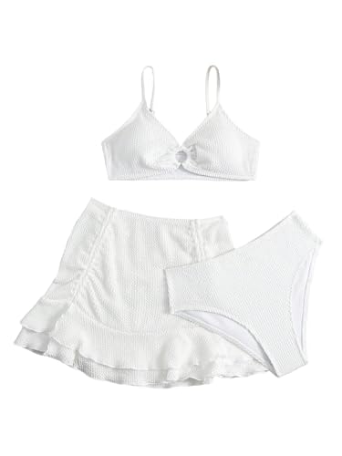 Girl's 3 Piece Bikini Sets High Waisted O Ring Wireless Swimsuits Bathing Suit with Cover Up Skirts