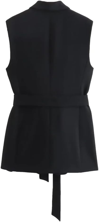 Elegant Women's Dress with Belt Sleeveless Vest a Set of Two Casual Handsome Sleeveless Jackets(Large)