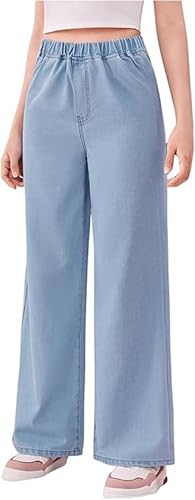 Image of ADBUCKS Girl's Stretch Denim Wide Leg Jeans Comfort Fit with Elastic Waistband, Straight Cut, Casual Style for All Seasons, Versatile Clothing