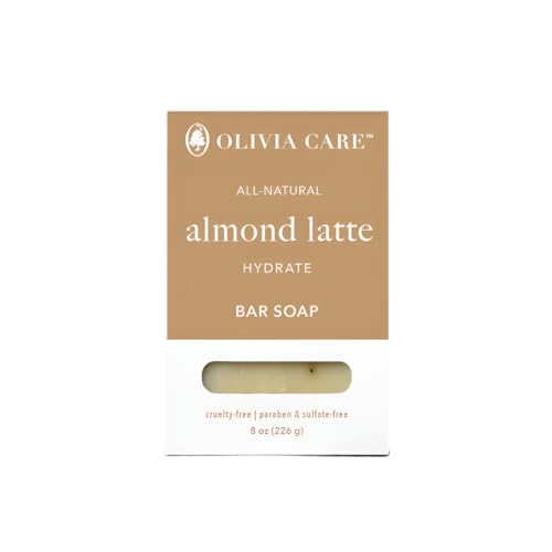 Olivia Care Almond Latte Bar Soap, 8 oz, Natural Face & Body Cleanser with Sweet Almond Oil & Coffee, Exfoliating Coffee Bean Soap, Moisturizing, Rejuvenating & Energizing