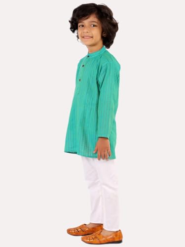 Image of superminis Baby Boys Traditional Ethnic Wear Handloom Cotton Solid Pattern Kurta With White Pyjama Set