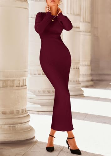 Image of PRETTYGARDEN Women's Sweater Dress Long Sleeve Maxi Dresses | Bell Sleeve Stretchy, Ribbed Knit Long Bodycon Fall Winter Wedding Guest Dress, Classy Party Holiday Outfits, Fashion Clothes