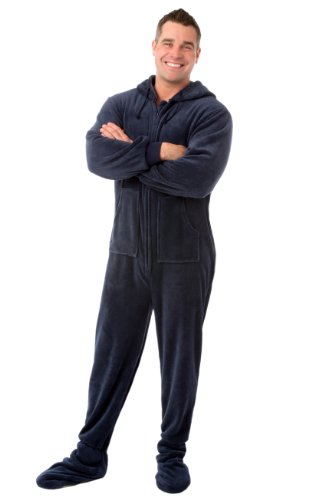 Hooded Plush Footed Pajamas Onesie with Drop Seat for Men & Women Navy