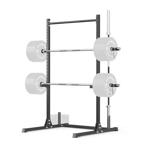papababe Squat Rack with Pull Up Bar, Multi-Functional Power Rack with J-Hooks and Safety Arms, Workout Rack with Plate Stake and Barbell Storage for Home and Garage Gym