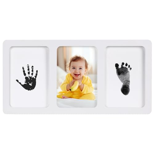 Image of Calenzana Inkless Baby Hand and Footprint Kit, 4x6 Baby Keepsake Nursery Picture Frame Ink Pad Handprint Kit, Gifts for Newborn Girls Boys New Mom, White