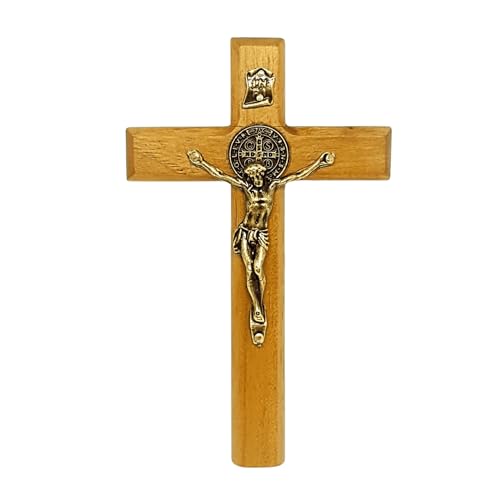 Crucifixo de mão ou porta São Bento madeira clara 12 cm (Cruz da Libertação)