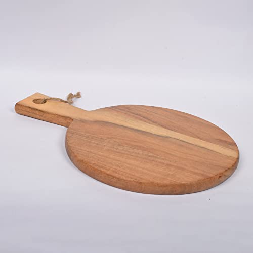 Samhita Round Acacia Wood Cutting Board With Handle For Chopping And Serving Charcuterie, Cheese, Pizza, Bread - Wall Décor ( 13" X 9" X 0.75") #TOP2