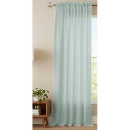 Image of HOMEMONDE Sheer 8 Feet Curtains with Border Pompoms- Long Door Panels, Sun Light Filtering, Top Style Rod Pocket - (Silver Grey, One Pcs)