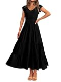 MASCOMODA Womens Summer Maxi Dress Casual V Neck Cap Sleeve Smocked Dresses Ruffle Tiered Beach Party Long Flowy Sundresses(Black,Medium)