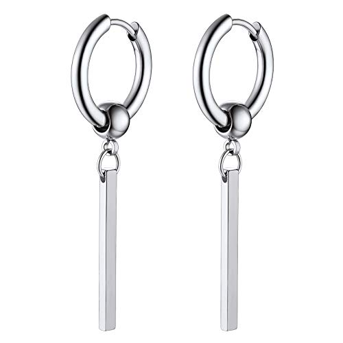 FOCALOOK Silver Dangle Earrings for Women Men Stainless Steel Drop Earring Womens Long Vertical Bar Hoops Gothic Punk Ear Hoop 12mm Birthday Jewellery Gift for Her