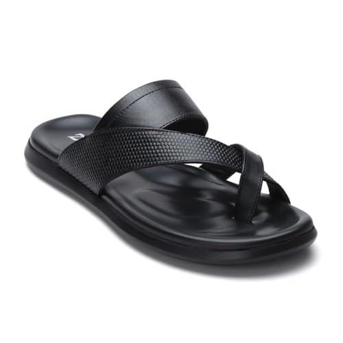 Zoom Shoes Original Leather Men's Toe Ring Office Slippers With Anti-slip Sole & Cushioned Insole | AN1136 (Black, UK Footwear Size System, Adult, Men, Numeric, Medium, 9)