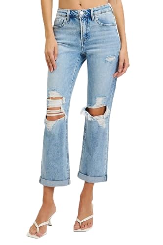 Risen Tummy Control High Rise Straight Double Roll Up Jeans