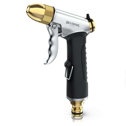 Brandson - Gartenbrause Metall − Handbrause Garten - gummierter Griff – stufenlos einstellbarer Sprühstrahl – Haltebügel – Schnellkupplungsanschluss - Wasserdruck bis zu 6 bar - 3/4 Zoll