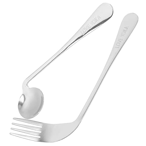 Healeved Sturdy Stainless Steel Feeding Utensils Curved Spoon Fork for Seniors Lightweight