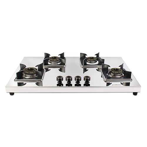 Image of goodflame Aravath 4 Burner Stainless Steel Gas Stove for Kitchen | Heavy 2MM SS Body | Brass Burners | 2 Year Warranty | ISI Certified | Manual Ignition | LPG Ready and PNG Compatible, (Silver)